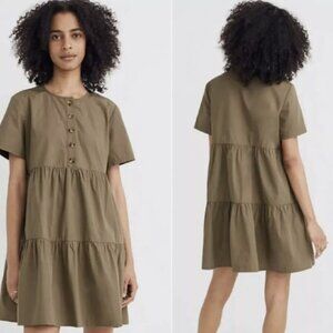 Madewell 100% Cotton Olive Green Button Front Short Sleeve Tiered Mini Dress L